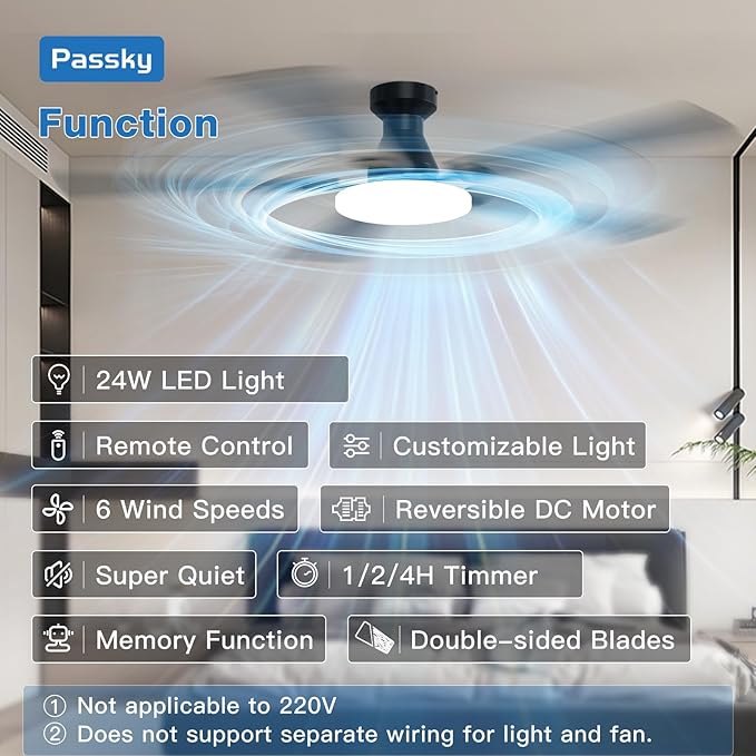 Passky Ceiling Fans with Lights, 60 inch Flush Mount Ceiling fan with Remote Control, Low Profile Ceiling Fan for Bedroom, Farmhouse, Reversible, 3CCT, Dimmable, Noiseless DC Motor, Black