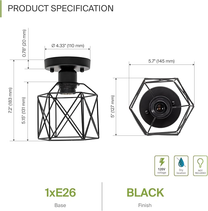 ASD Black Semi Flush Mount Ceiling Light Fixture - 5.7" E26 120V ETL Modern Light Fixtures Ceiling Mount, Semi Flush Mount Chandelier for Entryway, Bedroom, Foyer Lighting Fixtures 40 Pack