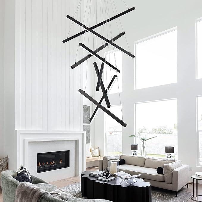 Modern Led Chandelier, High Ceiling Chandelier, Linear Chandelier 8 Lights Black Dimmable Large Pendant Light 98.4" for Living Room Staircase Entry Foyer Lobby Office Duplex 6000K Cool White