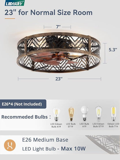 LEDIARY 23" Caged Ceiling Fan with Light, Large Flush Mount, App&Remote Control, Low Profile Bladeless Fan Light Fixture 6 Speed, Reversible and Quiet Motor-Black Gold