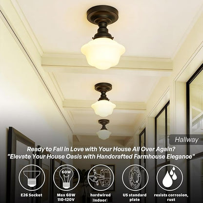 Schoolhouse Semi Flush Mount Ceiling Light,Black Close to Ceiling Light Fixtures with Milky White Glass Modern Farmhouse Hallway Ceiling Lamp for Laundry Kitchen Entryway Bathroom E26