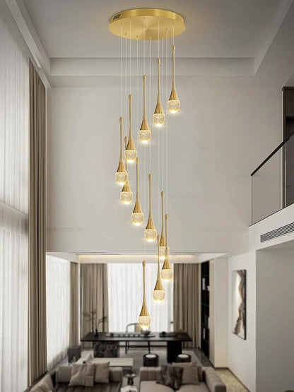 ykolupty 12-Lights Staircase Chandelier Gold Pendant Light Fixture for Sloped High Ceiling Raindrop Chandelier for Living Room Foyer Hallway Villa