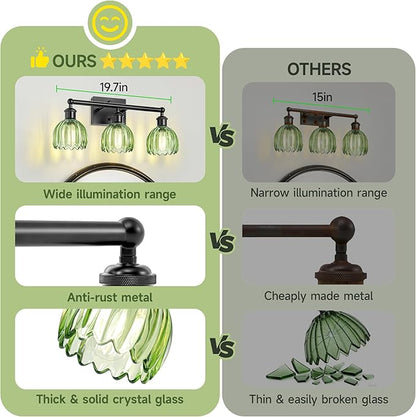 Bathroom Lighting Fixtures Over Mirror,3 Light Vintage Vanity Light,20 in Antique Black Bathroom Sconce with Green Tulip Glass Shade for Bedroom Living Room,Dressing Table,Hallway,E26 Base