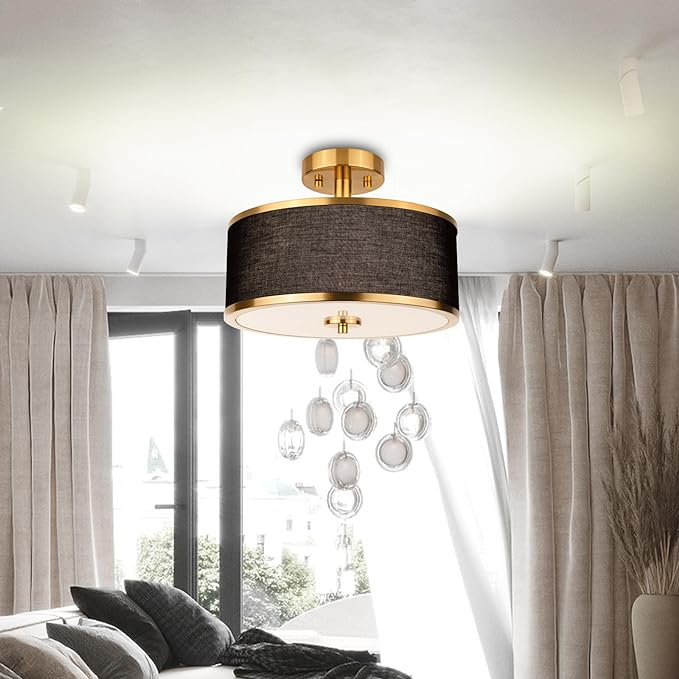 Edwarmlux 3-Light Semi Flush Mount Ceiling Light Fixture, 12.6" Gold Drum Light with Black Fabric Shade, Modern Close to Ceiling Light for Living Room Bedroom Dining Room Kitchen Hallway Entry Foyer