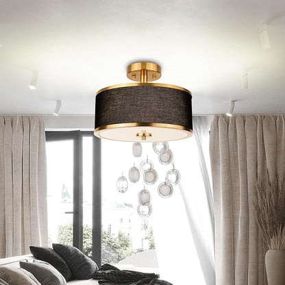 Edwarmlux 3-Light Semi Flush Mount Ceiling Light Fixture, 12.6" Gold Drum Light with Black Fabric Shade, Modern Close to Ceiling Light for Living Room Bedroom Dining Room Kitchen Hallway Entry Foyer