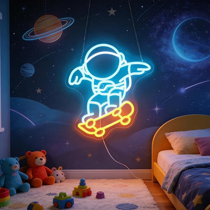 "Astronaut Skateboarding" Space Adventure Light - Cool & Gravity-Defying LED Wall Art for Game Room, Dorm, Bedroom Decor, Dimmable USB, Awesome Gift for Sci-Fi Fans & Adventurers