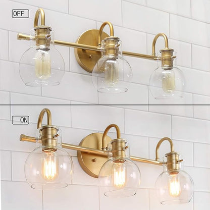 KSANA Gold Bathroom Light Fixtures, 3 Light Modern Vanity Lights Over Mirror with Globe Clear Glass Shades for Bedroom, Kitchen, Powder Room