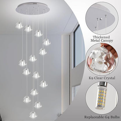 Modern Crystal Chandelier 14-Lights High Ceiling Raindrop Chandelier Lighting Fixture, Large LED Round Indoor Lighting Fixture Chrome for Foyer Staircase Living Room