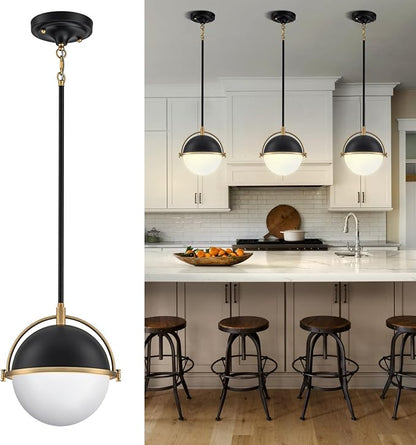 9.5 Inch Black and Gold Globe Pendant Lights Kitchen Island, Mid Century Modern Pendant Light Fixtures with Milk Glass Lampshade, Adjustable Pendant Lights for Dining Room Cafes Restaurants