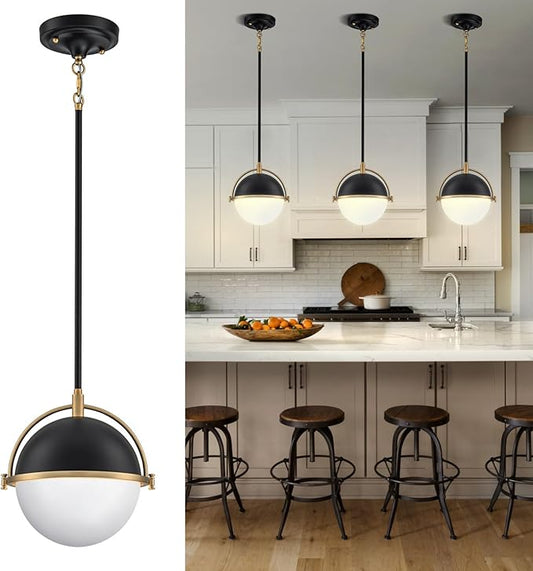 9.5 Inch Black and Gold Globe Pendant Lights Kitchen Island, Mid Century Modern Pendant Light Fixtures with Milk Glass Lampshade, Adjustable Pendant Lights for Dining Room Cafes Restaurants