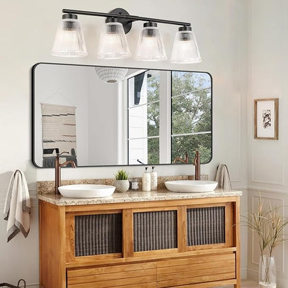 OCIOC Bathroom Vanity Light, 4-Light Modern Matte Black Wall Sconce with Glass Shade, Black Wall Light fixture, Bath Vintage Wall Mounted Lamps for Mirror Bedroom,Living Room
