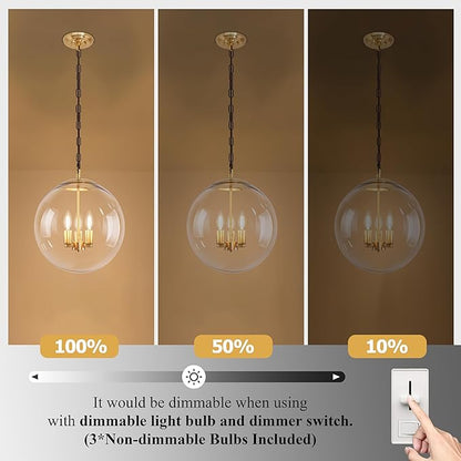 KoKo&Yukina 14" Gold Globe Pendant Light Mid Century Pendant Light Clear Glass Pendant Lights Kitchen Island Adjustable Hanging Light Fixture for Dining Room Bedroom Kitchen Island