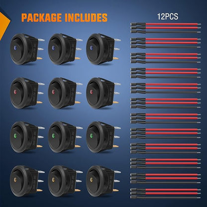 Nilight 12pcs Rocker Toggle Switch 3Pins 12V 20A Wired Round LED Light Power On Off Switches SPST for Car Truck Vehicle Trailer RV Marine Boat Yacht with 36pcs Wires
