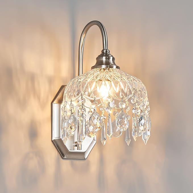 1-Pack Vintage Wall Sconce,Glass Crystal Wall Sconce,Matte Brushed Antique Nickel Finish for Bedroom Bathroom Hallway Living Room Decor