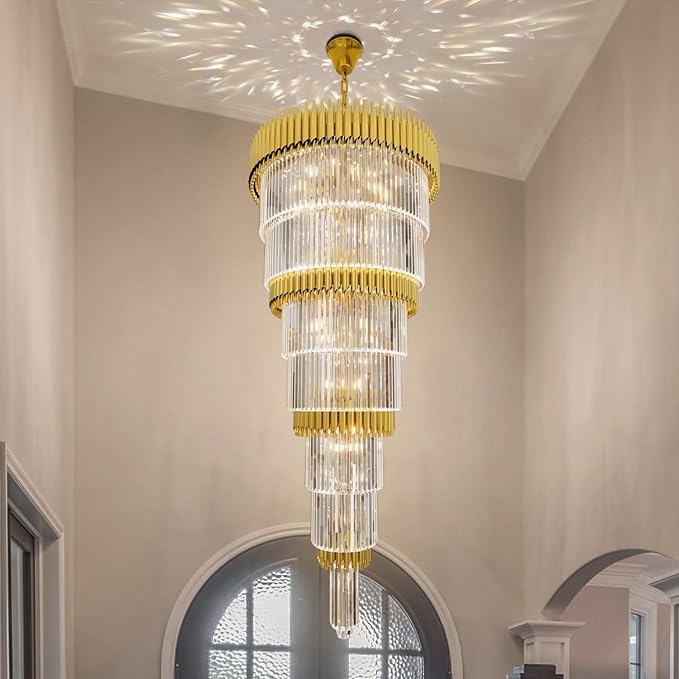 Luxury Gold Crystal Chandelier for High Ceiling, 32" 7-Tier Long Crystal Chandeliers, Adjustable Height Chandelier for Foyer, Villa, Staircase, Entryway
