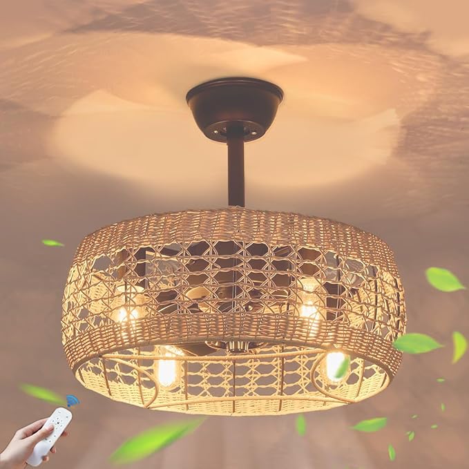 18.2" Rattan Ceiling Fan with Lights 4-Light Boho Caged Ceiling Fandelier with Light Reversible Brown Wicker Flush Mount Fan Pendant Light Remote for Bedroom Kitchen Dining/Living Room Hallway
