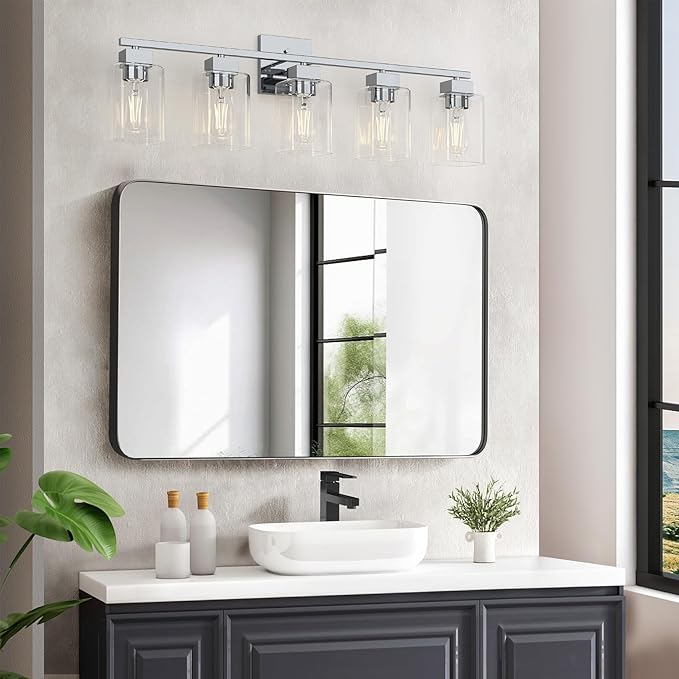 5 Light Bathroom Vanity Light - Chrome Bathroom Light Fixtures Square Design & UL Certification, 31 Inch Bath Room Light Fixtures Over Mirror for Living Room & Bedroom & Restroom