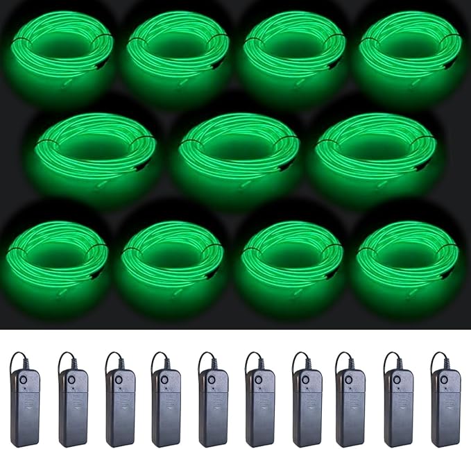 MaxLax EL Wire Green 10-Pack, 9ft/2.75m Neon Light Wire with Noise Reduction and Battery Pack…