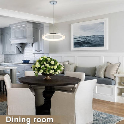 CHYING LED Pendant Lights Kitchen Island, 15.8" 18W Warm White Modern Ring Chandelier, Adjustable Height Silver Hanging Pendant Ceiling Light for Dining Room Bedroom Hallway Entryway, 3000K