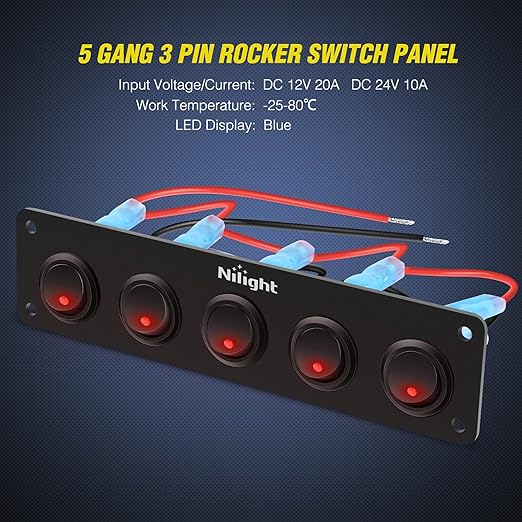 Nilight 5 Gang 3 Pin Rocker Switch Panel Waterproof On Off 12V Red Toggle for Cars Trucks Boats