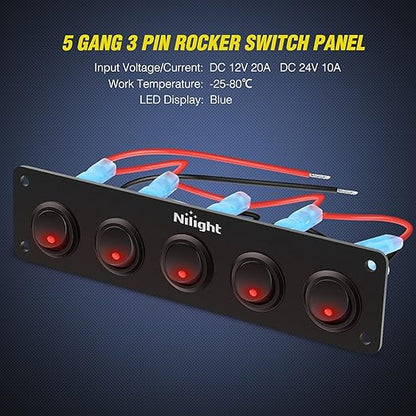 Nilight 5 Gang 3 Pin Rocker Switch Panel Waterproof On Off 12V Red Toggle for Cars Trucks Boats