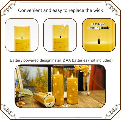 Nimiko Flickering Flameless LED Candles,Battery Operated Candles 9 Pcs with Embedded Star String,Acrylic LED Pillar Candles with Remote,Suitable for Home Decoration to Create an Atmosphere（Gold）