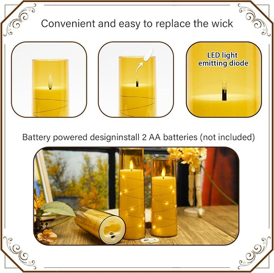 Nimiko Flickering Flameless LED Candles,Battery Operated Candles 9 Pcs with Embedded Star String,Acrylic LED Pillar Candles with Remote,Suitable for Home Decoration to Create an Atmosphere（Gold）