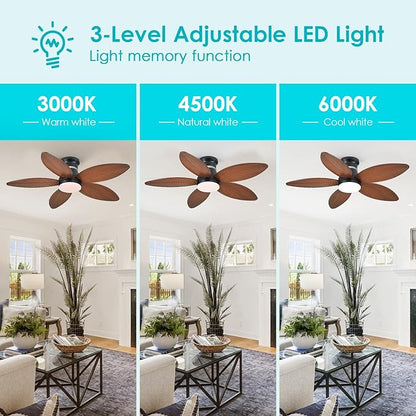 Surtime 46" Ceiling Fans with RGB Lights - Flush Mount Ceiling Fan Light with LED 3CCT Dimmable, Tropical Palm Leaf Ceiling Fans for Indoor Party,Covered Outdoor （Brown）