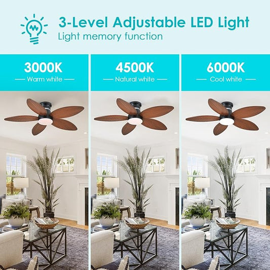Surtime 46" Ceiling Fans with RGB Lights - Flush Mount Ceiling Fan Light with LED 3CCT Dimmable, Tropical Palm Leaf Ceiling Fans for Indoor Party,Covered Outdoor （Brown）
