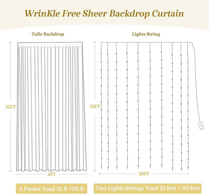 20×15ft White Tulle Backdrop Curtain with Lights String for Parites Sheer Fabric Backdrop Curtains White Backdrop Drapes for Wedding Baby Shower Birthday Party Photo Shoot Background 4 Panels 5ft×15ft