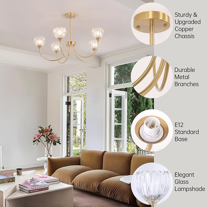 Shenmoyl 30.31" Brass Gold Chandelier, 5-Light Chandelier Light with Clear Tulip Glass Lampshade, Height Adjustable Vintage Chandeliers for Dining Room Living Room Kitchen Island