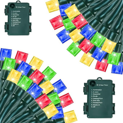 Battery Operated Christmas Lights, 33 FT 100 LED Mini String Lights with Timer and 8 Modes, Green Wire Outdoor String Lights for Tree Xmas Indoor Holiday Party Garden Decor, Multicolor 2pack