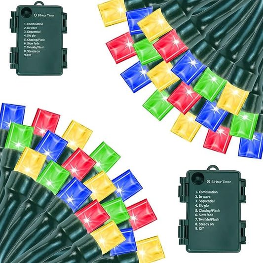 Battery Operated Christmas Lights, 33 FT 100 LED Mini String Lights with Timer and 8 Modes, Green Wire Outdoor String Lights for Tree Xmas Indoor Holiday Party Garden Decor, Multicolor 2pack