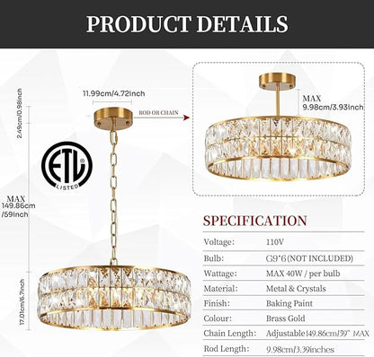 Crystal Pendant Light Modern Chandelier Crystal Semi Flush Mount Ceiling Light Round for Kitchen Island Foyer Hallway