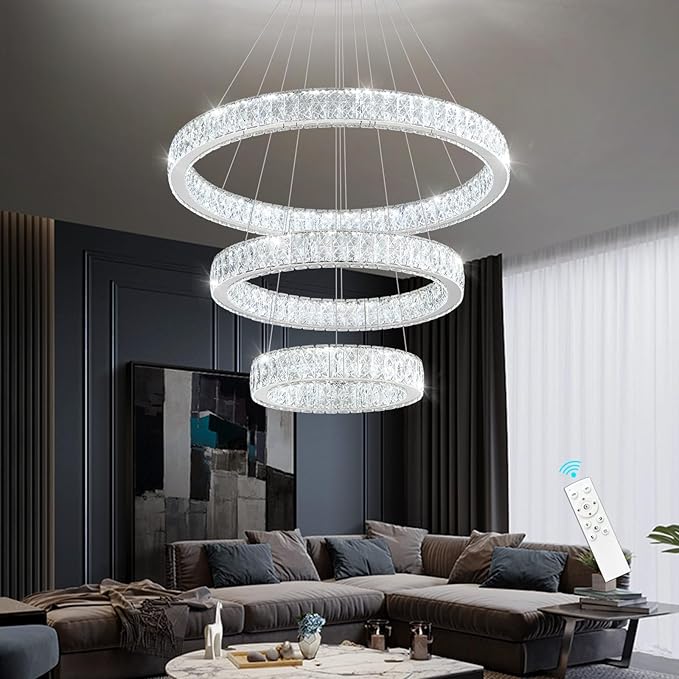 Modern Crystal Chandelier 55W Dimmable LED Chandeliers with Remote Luxury Height Adjustable Pendant Lighting for Living Room Dining Room Silver
