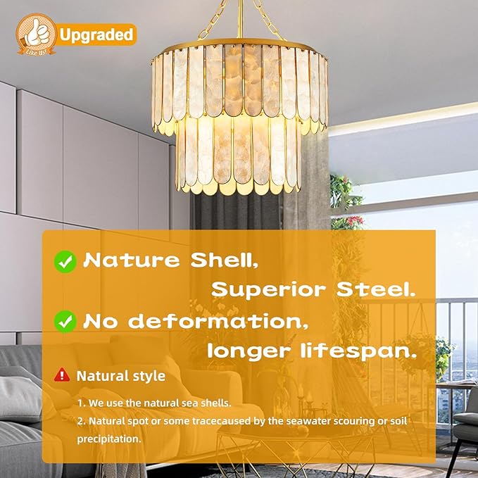 Capiz Shell Chandelier H66.2'' x D20.5'', Natural Ceiling Light Fixtures Coastal Chandeliers for Living Room Bedroom Office(More Additional Shell Parts Included) Gold