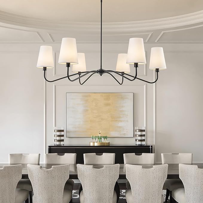 47'' Oversized Modern Chandelier with Shades, Farmhouse Chandelier, 6-Light Large Black Chandelier for Living Room, Adjustable Traditional Chandeliers for Foyer Kitchen E12 Base