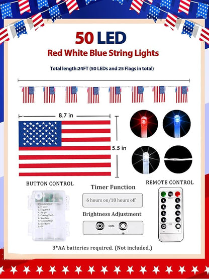 4th of July Decoration, 24FT 50LED Red White and Blue String Lights 25 American Flags, Battery Operated Patriotic Lights Waterproof 8 Modes, Remote & Timer for 250th Anniversary Independence Day Decor