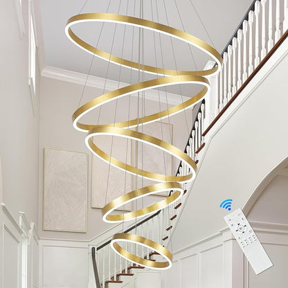 Gold Modern LED Chandeliers 5 Rings Chandelier for High Ceiling 31" Large Foyer Chandelier Entryway Dimmable Pendant Light Fixture for Living Room Staircase, 3000K-6500K