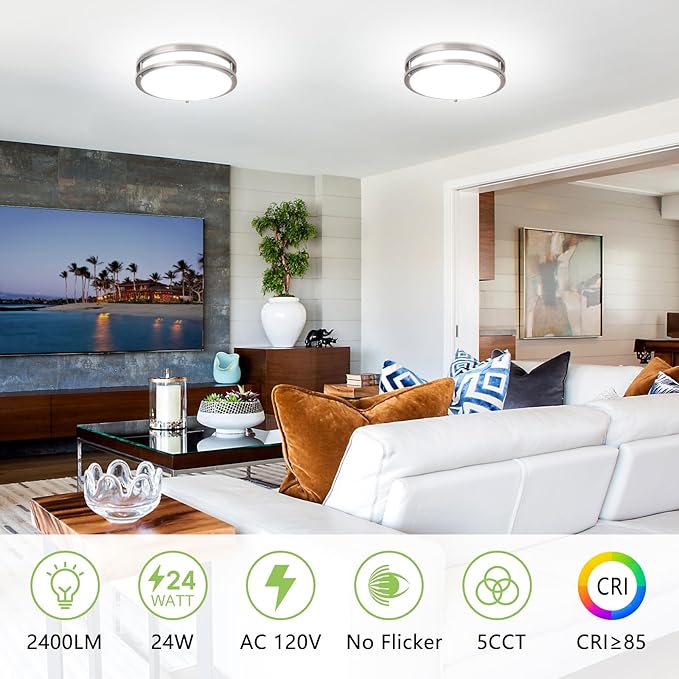 10 Inch Flush Mount Ceiling Light - 4 Pack 24W 3000K/3500K/4000K/5000K/6000K Dimmable Led Light Fixture for Kitchen Hallway Bedroom Bathroom(4, Brushed Nickel, 10 Inch)