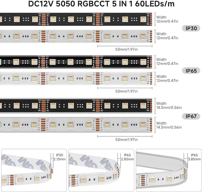 BTF-LIGHTING RGBCCT 5 Colors in 1 LED 5050SMD RGBWW RGB+Dimmable Tunable Color Temperature UL Listed 2700K-6500K 16.4ft 60LED/m 300LED DC12V Multi-Colored IP30 for Decoration(No Adapter or Controller)
