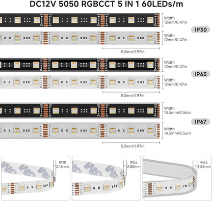 BTF-LIGHTING RGBCCT 5 Colors in 1 LED 5050SMD RGBWW RGB+Dimmable Tunable Color Temperature 2700K-6500K 16.4ft 60LEDs/m 300LEDs DC12V Multi-Colored Tape Lights IP67 White PCB(No Adapter or Controller)