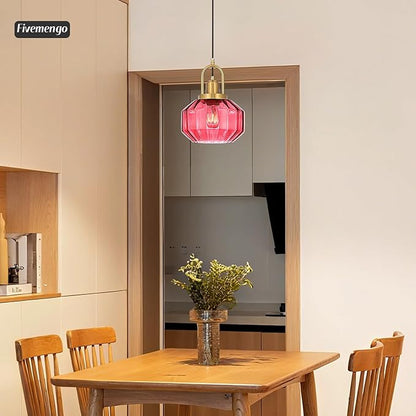 9in Mid Century Modern Wine Red Glass Pendant Light Fixture, Small Gold Kitchen Island Pendants Light Glass Ceiling Hanging Lamp for Foyer Dining Room Bedroom Entryway Hallway Over Sink