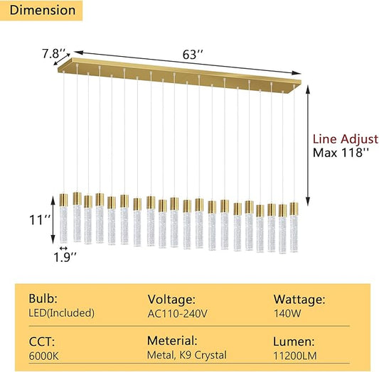 20-Lights Modern Crystal Chandeliers LED Pendant Light for Kitchen Island Dining Room Entrance Foyer Living Room 6000K Gold