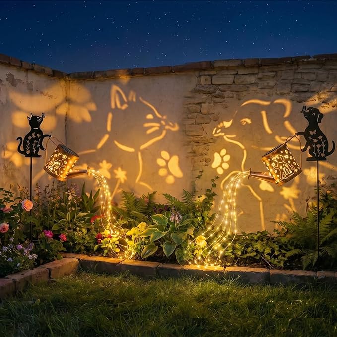 Solar Watering Can with Metal Cat and Dog Figures, Hanging Garden Decoration, Outdoor Garden Gift for Women (Dog+Cat Watering Can Lights)