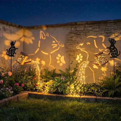 Solar Watering Can with Metal Cat and Dog Figures, Hanging Garden Decoration, Outdoor Garden Gift for Women (Dog+Cat Watering Can Lights)