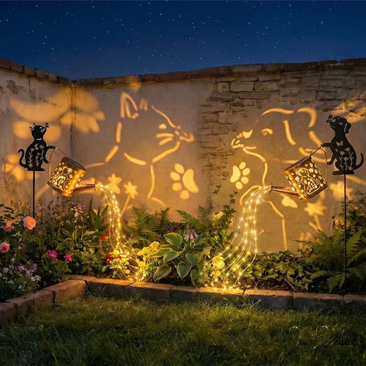 Solar Watering Can with Metal Cat and Dog Figures, Hanging Garden Decoration, Outdoor Garden Gift for Women (Dog+Cat Watering Can Lights)