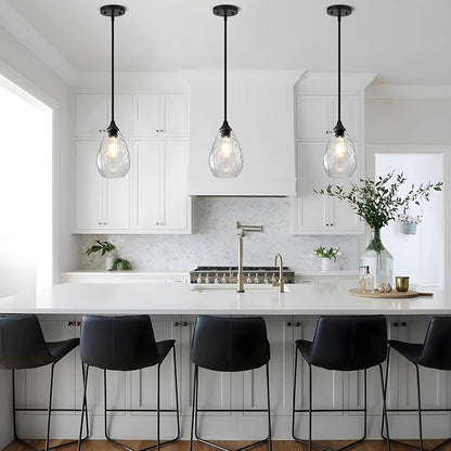 Black Pendant Lights Kitchen Island 2 Pack, Modern Glass Pendant Light Fixtures with Hammered Glass and Rods, Adjustable Small Hanging Light for Kitchen Sink Dining Room Bathroom