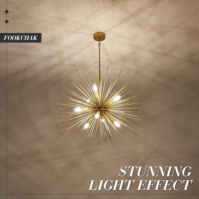 32in Gold Sputnik Chandelier Solid Metal Starburst Chandelier Light Fixture 9-Light Mid-Century Modern Satellite Light Fixture for Living Room Dining Room Foyer Study Room Bathroom,E12