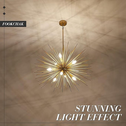 32in Gold Sputnik Chandelier Solid Metal Starburst Chandelier Light Fixture 9-Light Mid-Century Modern Satellite Light Fixture for Living Room Dining Room Foyer Study Room Bathroom,E12